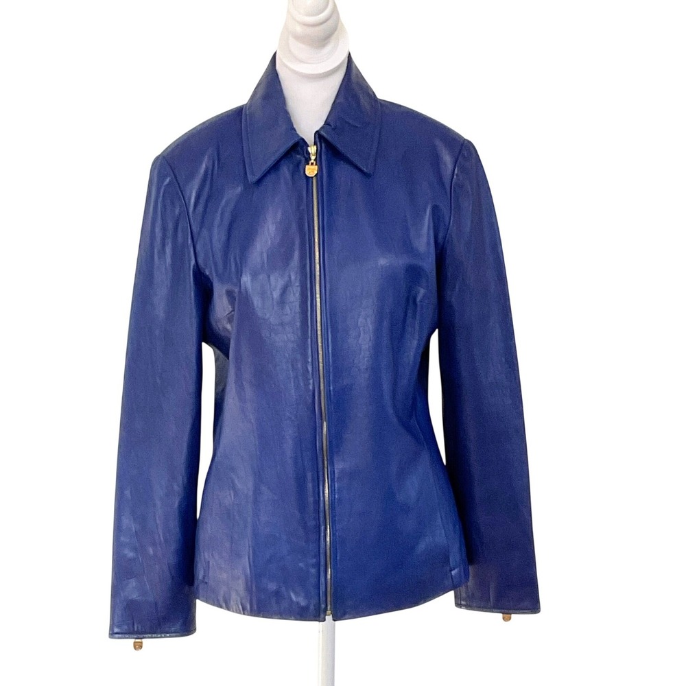 Vtg St John Sport Blue Lambskin Leather Moto Y2K Jacket Embossed Marie Gray S